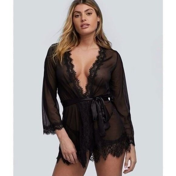 Oh La La Cheri Black Eyelash Lace Robe Set Belted Tie Lingerie - Picture 2 of 11